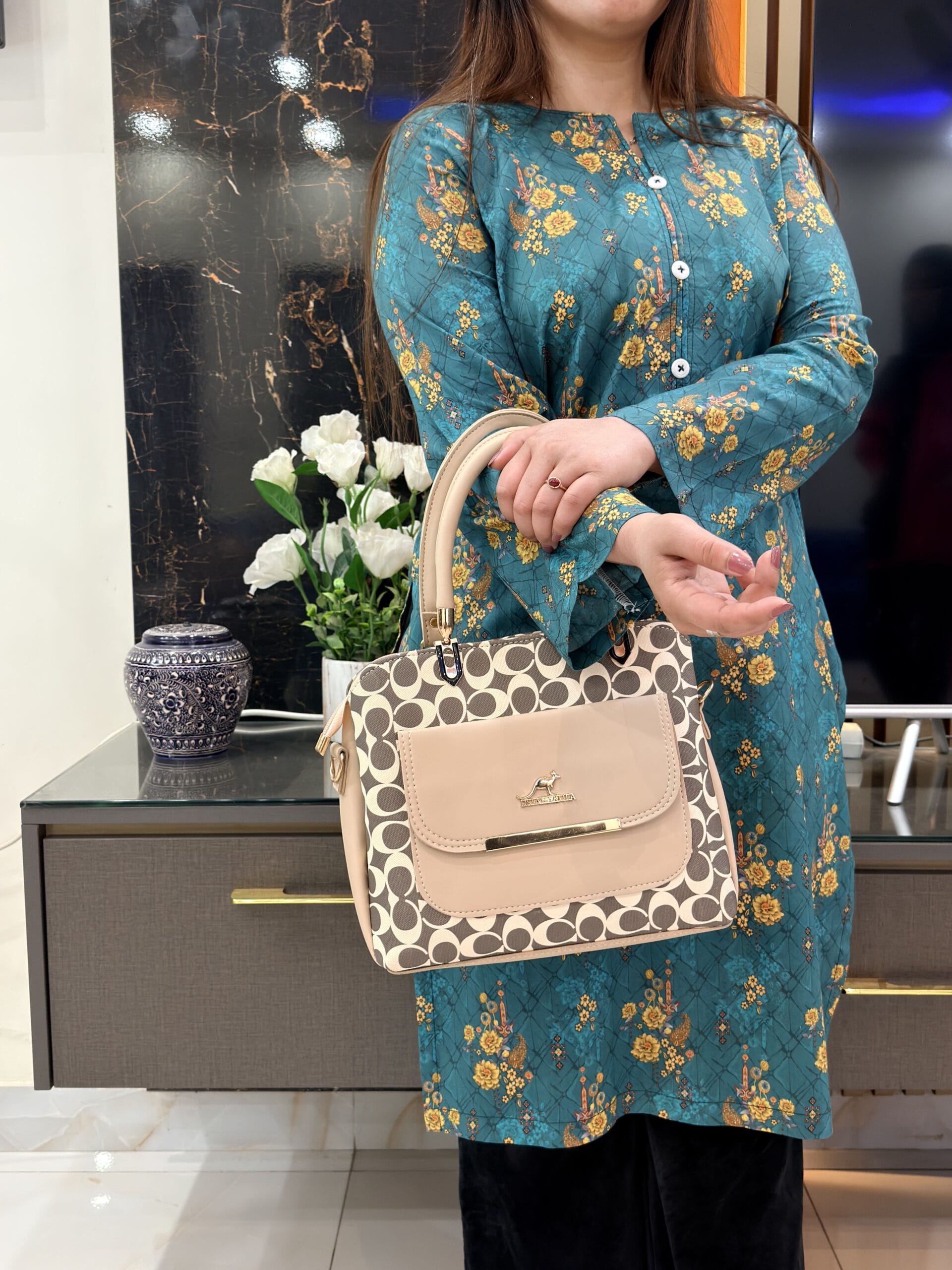 Elara Luxe Monogram Handbag - Cream Beige - Image 3