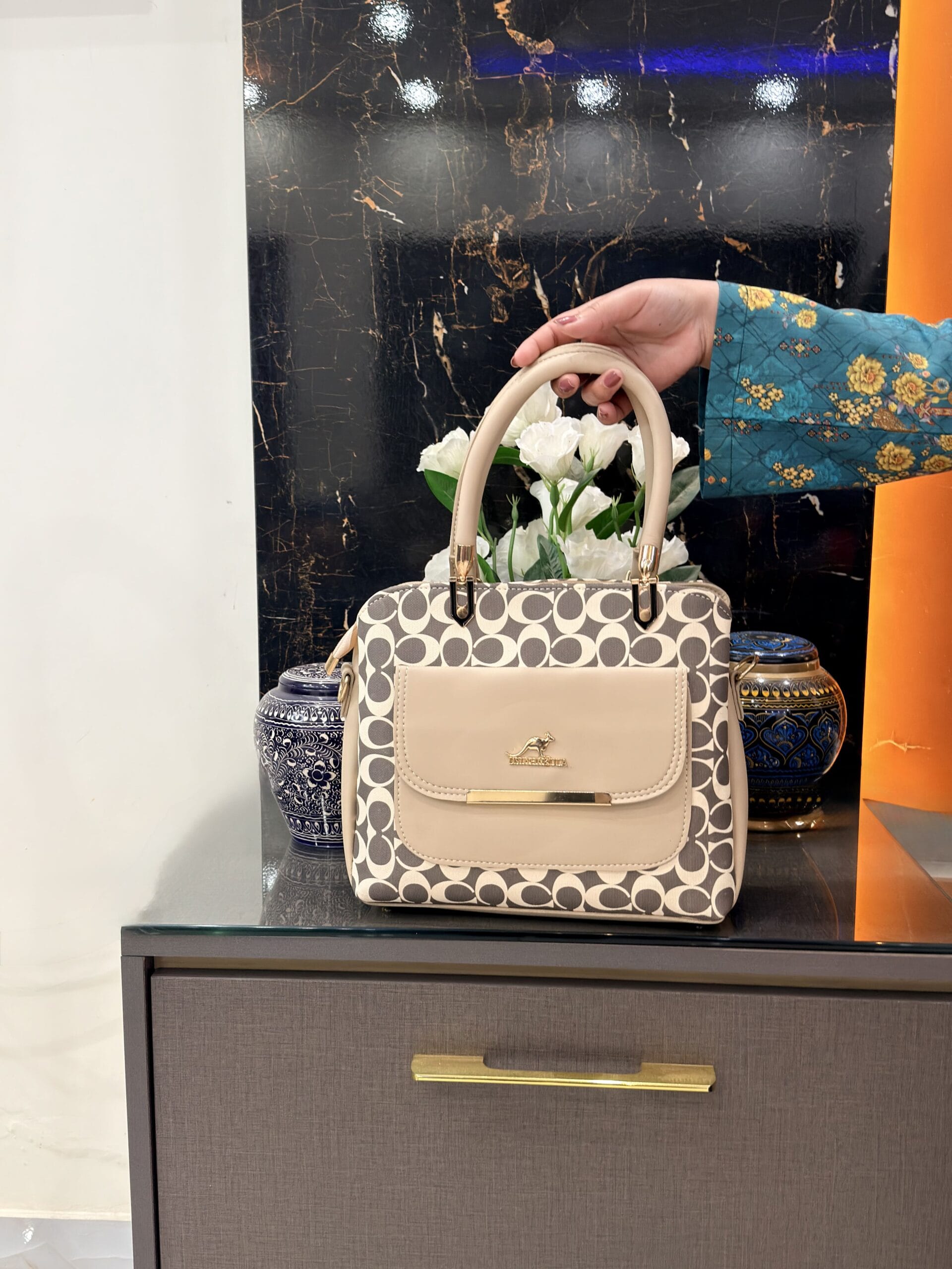 Elara Luxe Monogram Handbag - Cream Beige - Image 4