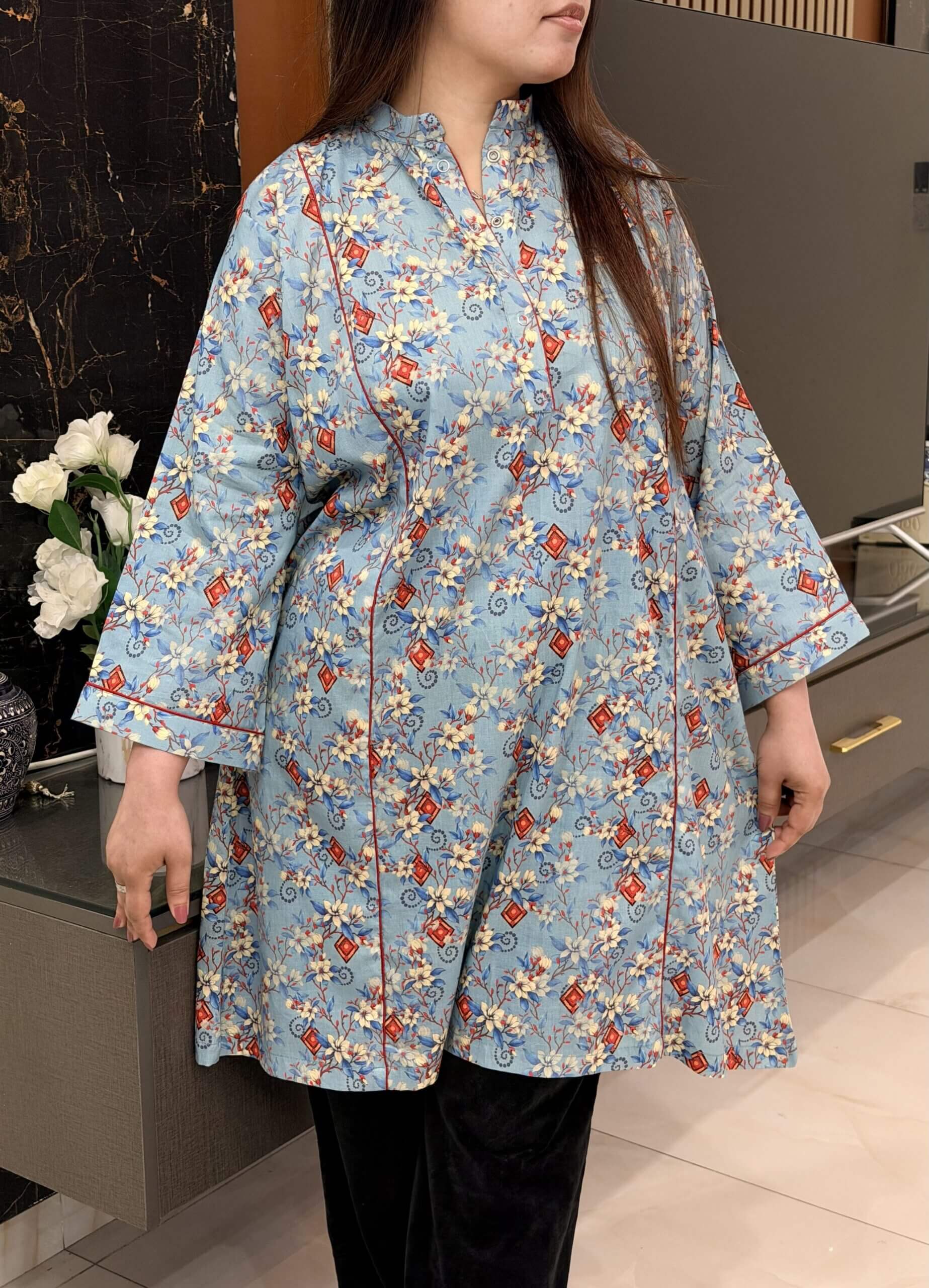 Sky Blossom Printed Kurti - Powder Blue