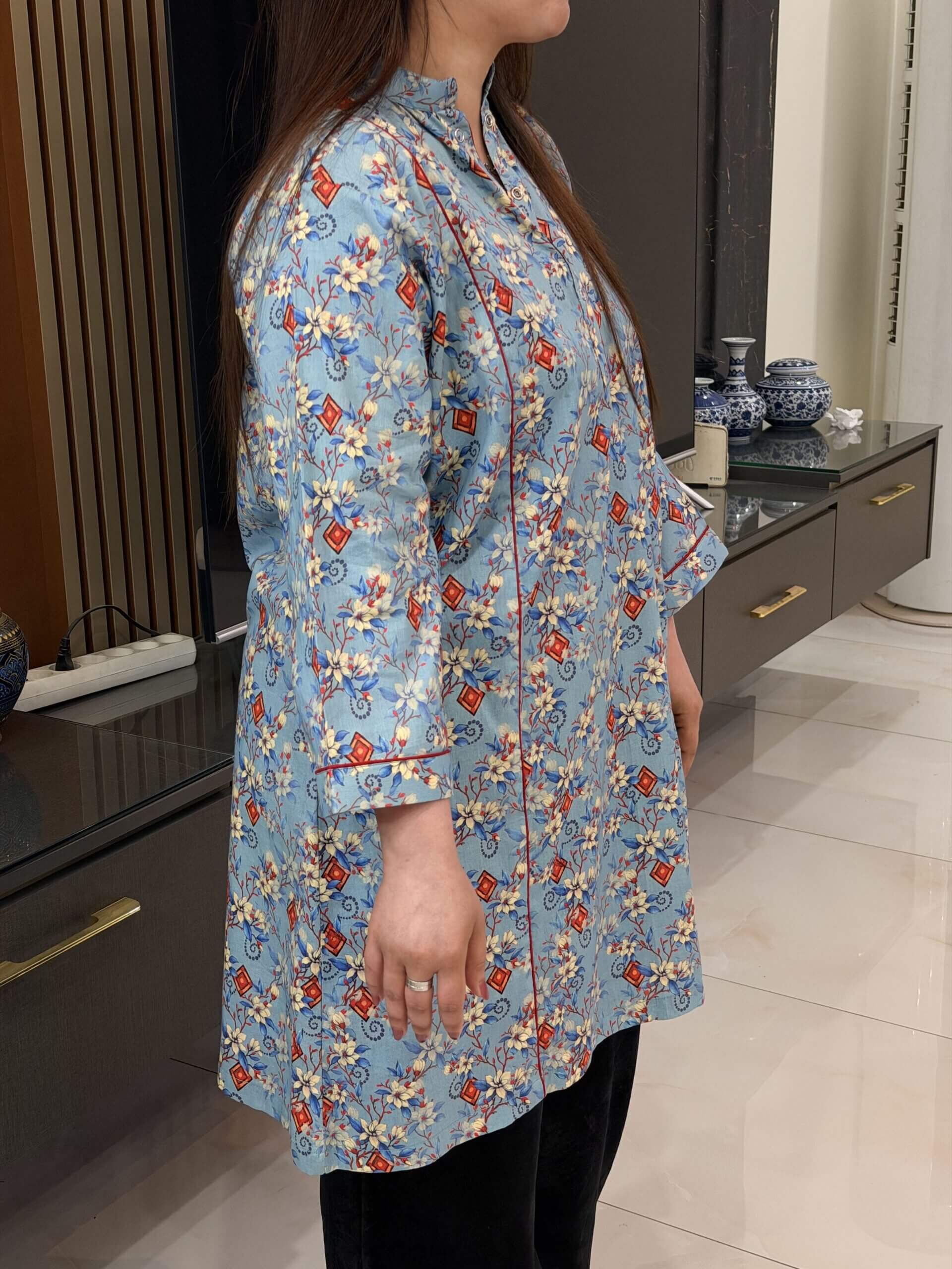 Sky Blossom Printed Kurti - Powder Blue - Image 5