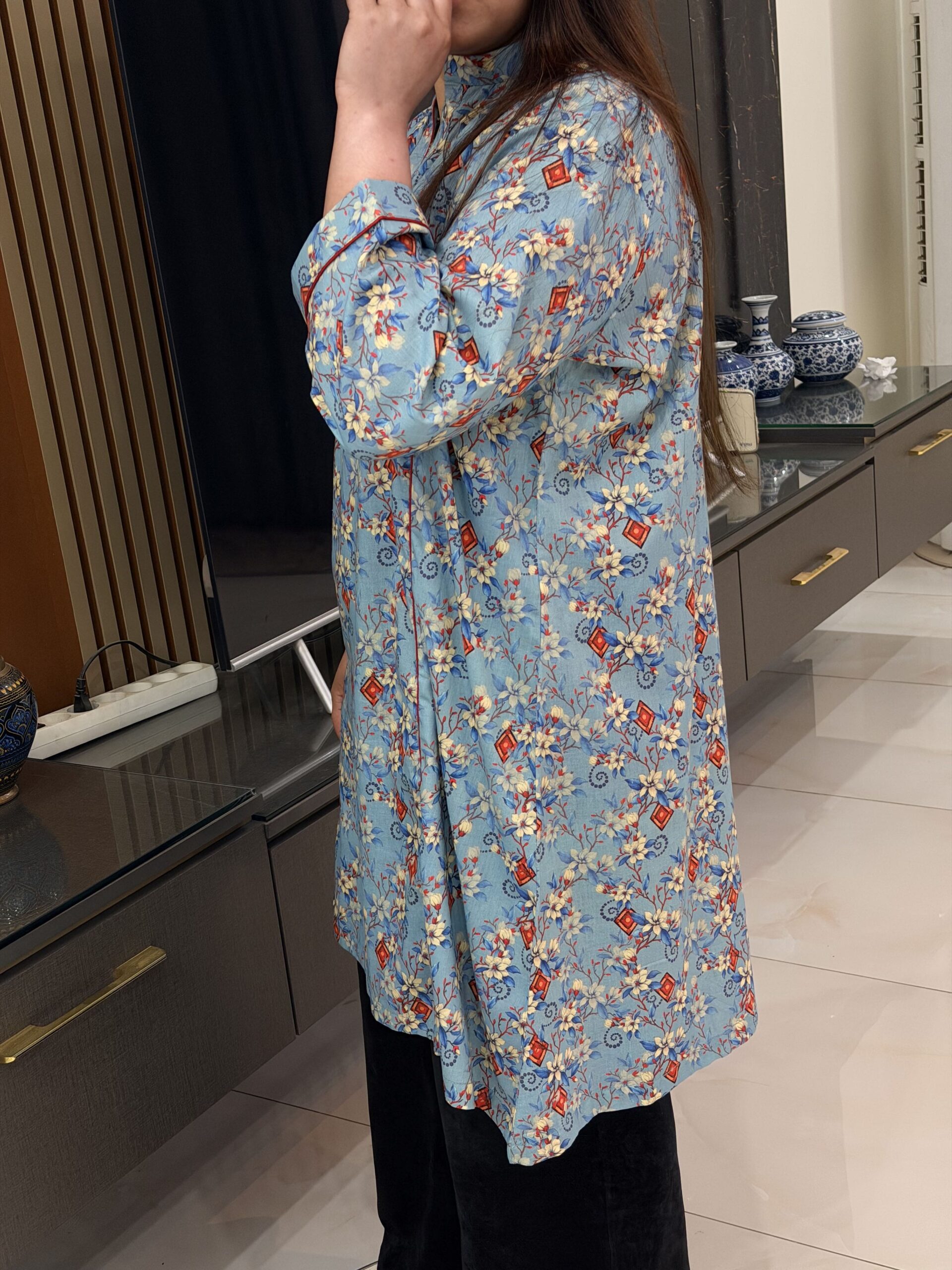 Sky Blossom Printed Kurti - Powder Blue - Image 4