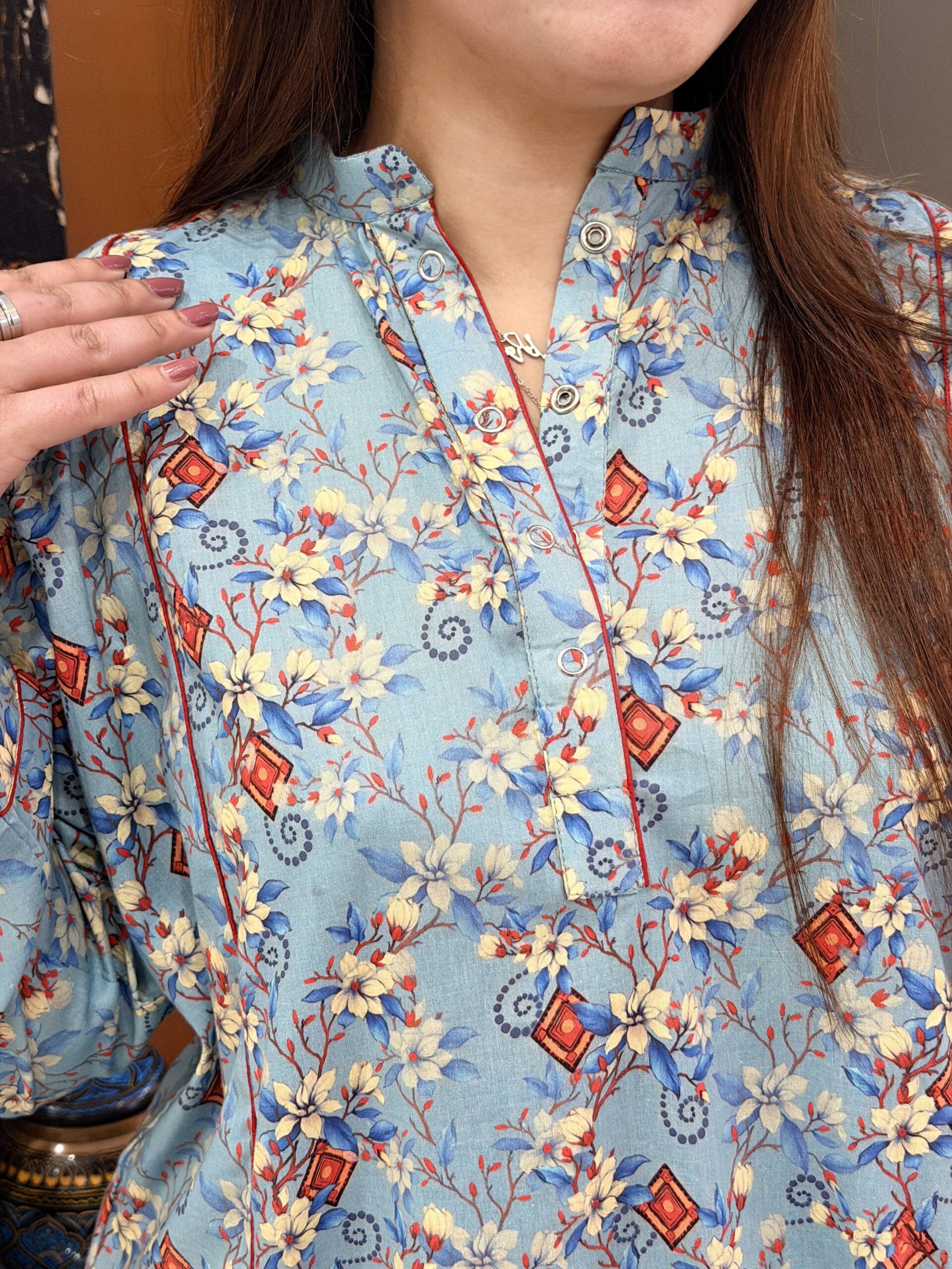 Sky Blossom Printed Kurti - Powder Blue - Image 2