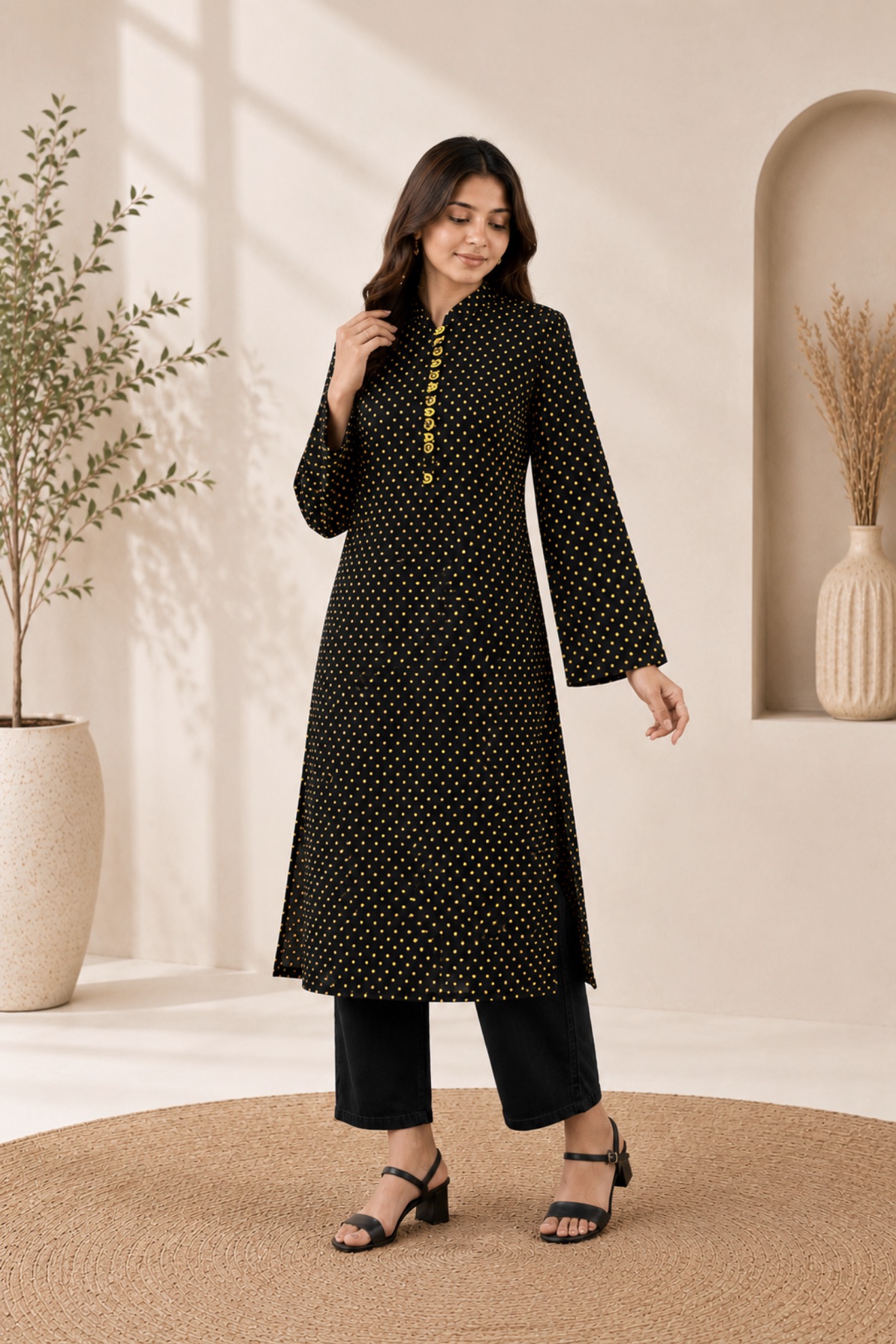 Golden Dot Classic Kurti - Black & Mustard