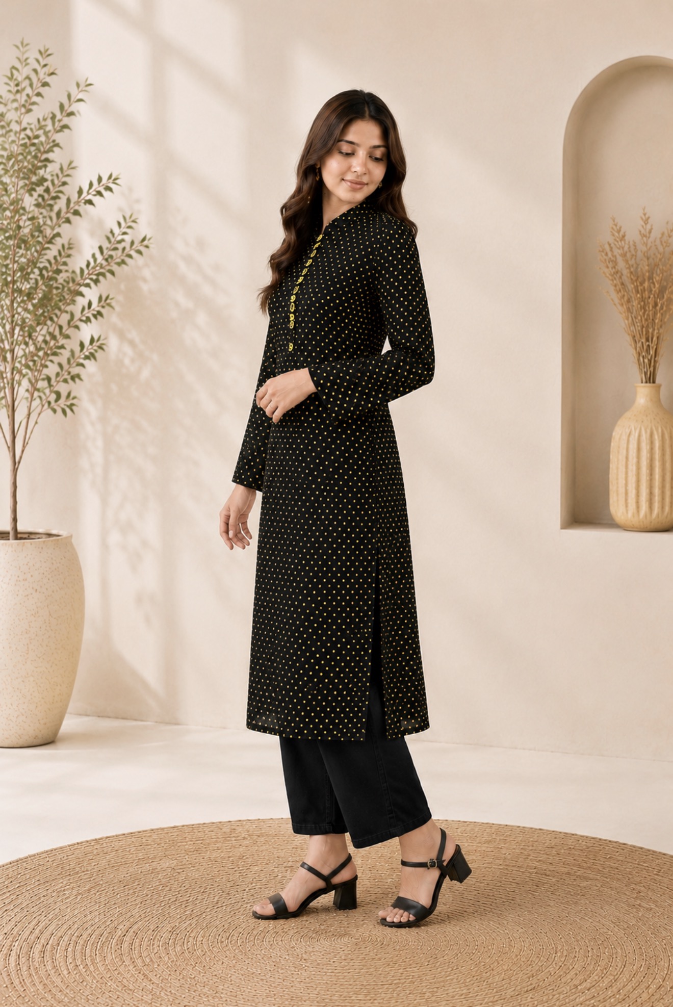 Golden Dot Classic Kurti - Black & Mustard - Image 4