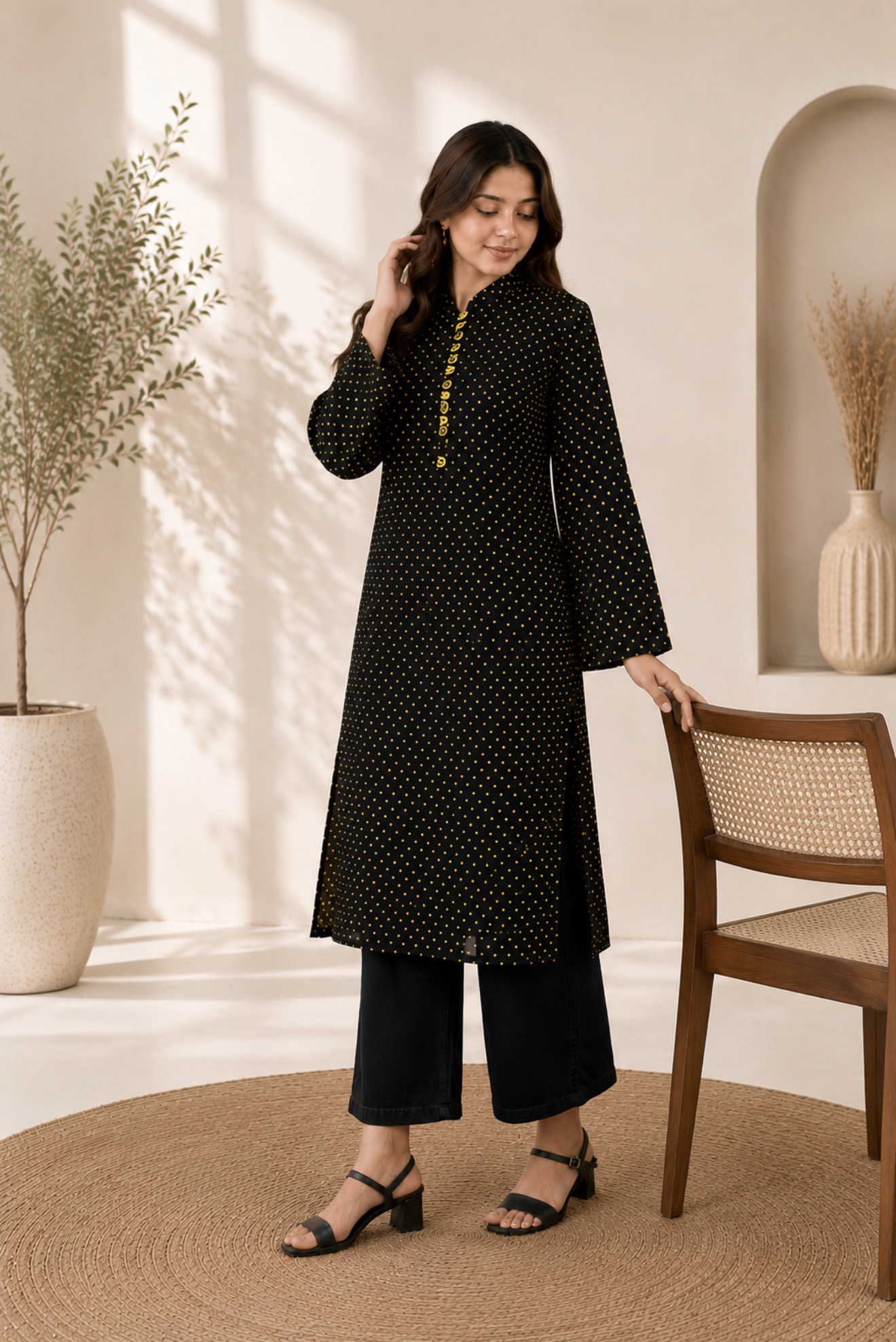 Golden Dot Classic Kurti - Black & Mustard - Image 3