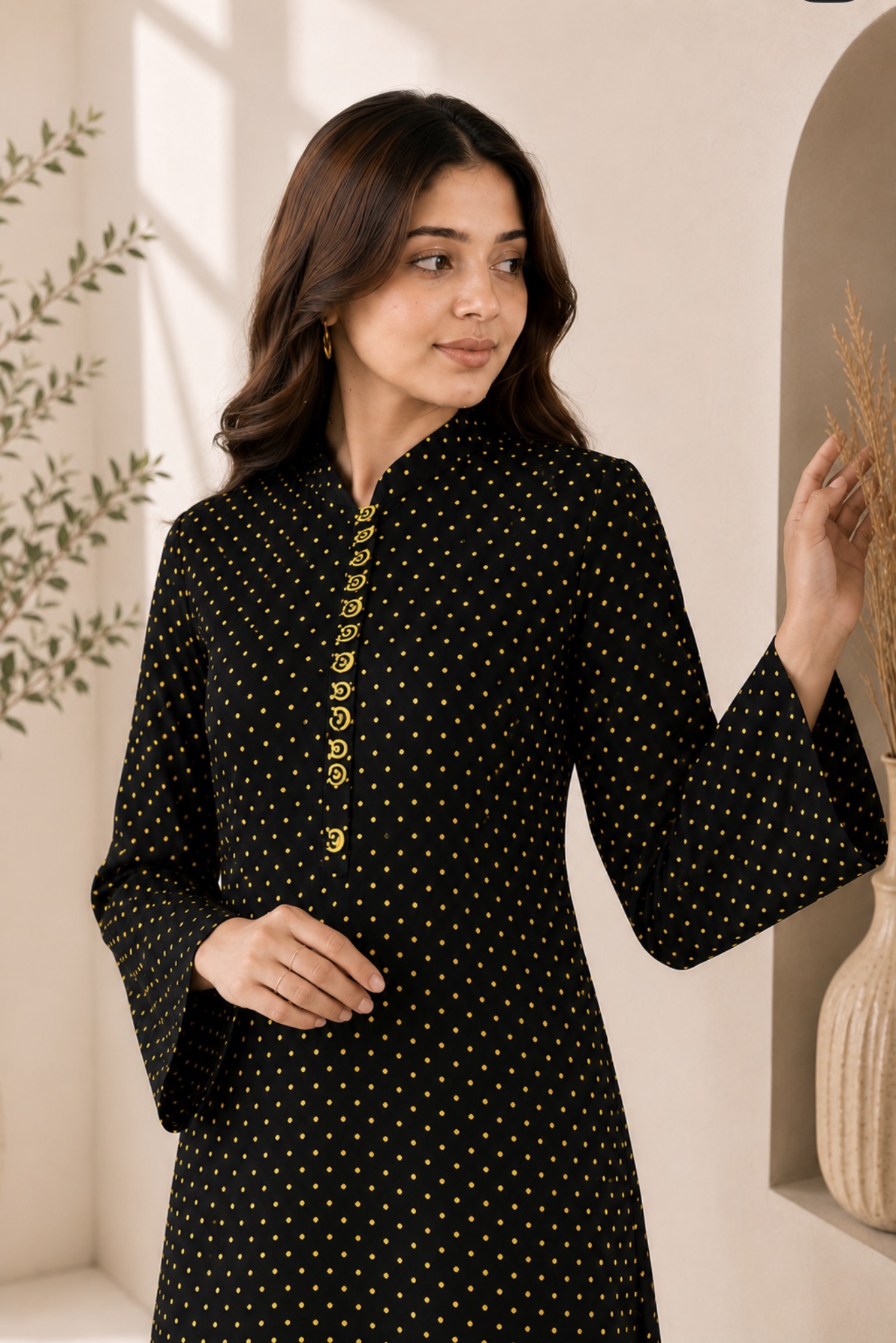 Golden Dot Classic Kurti - Black & Mustard - Image 2