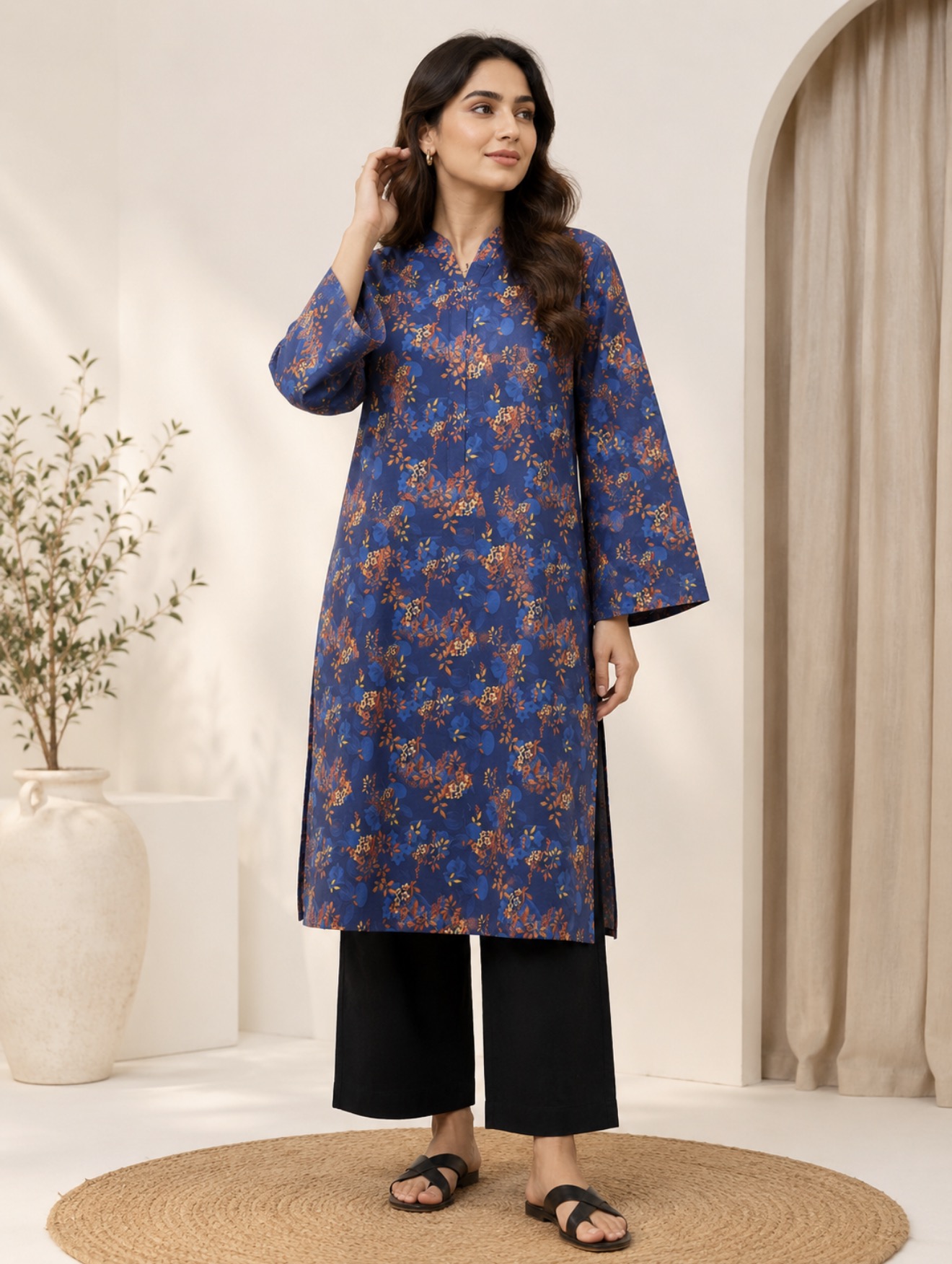 Midnight Bloom Printed Kurti - Navy Blue