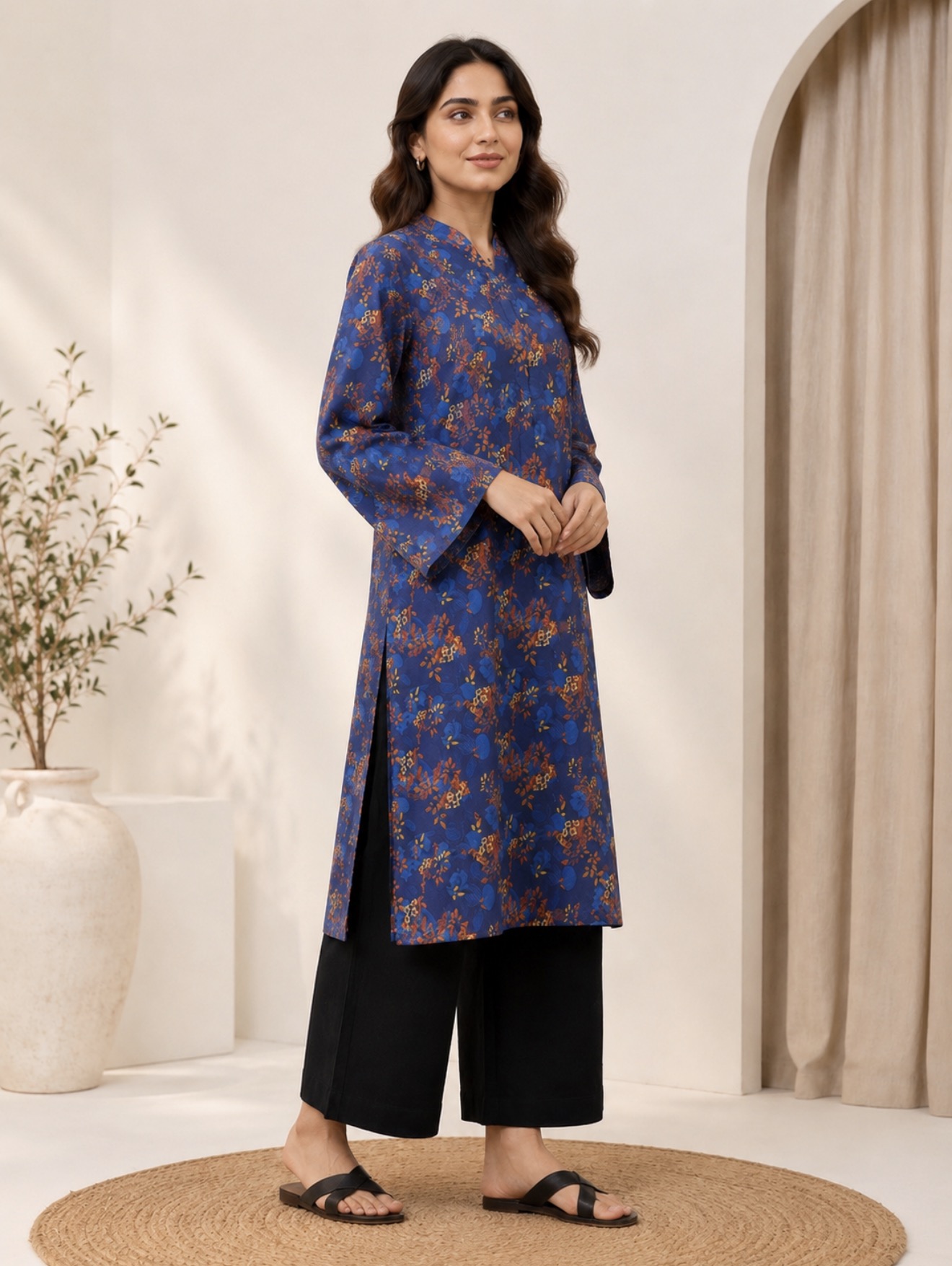 Midnight Bloom Printed Kurti - Navy Blue - Image 3