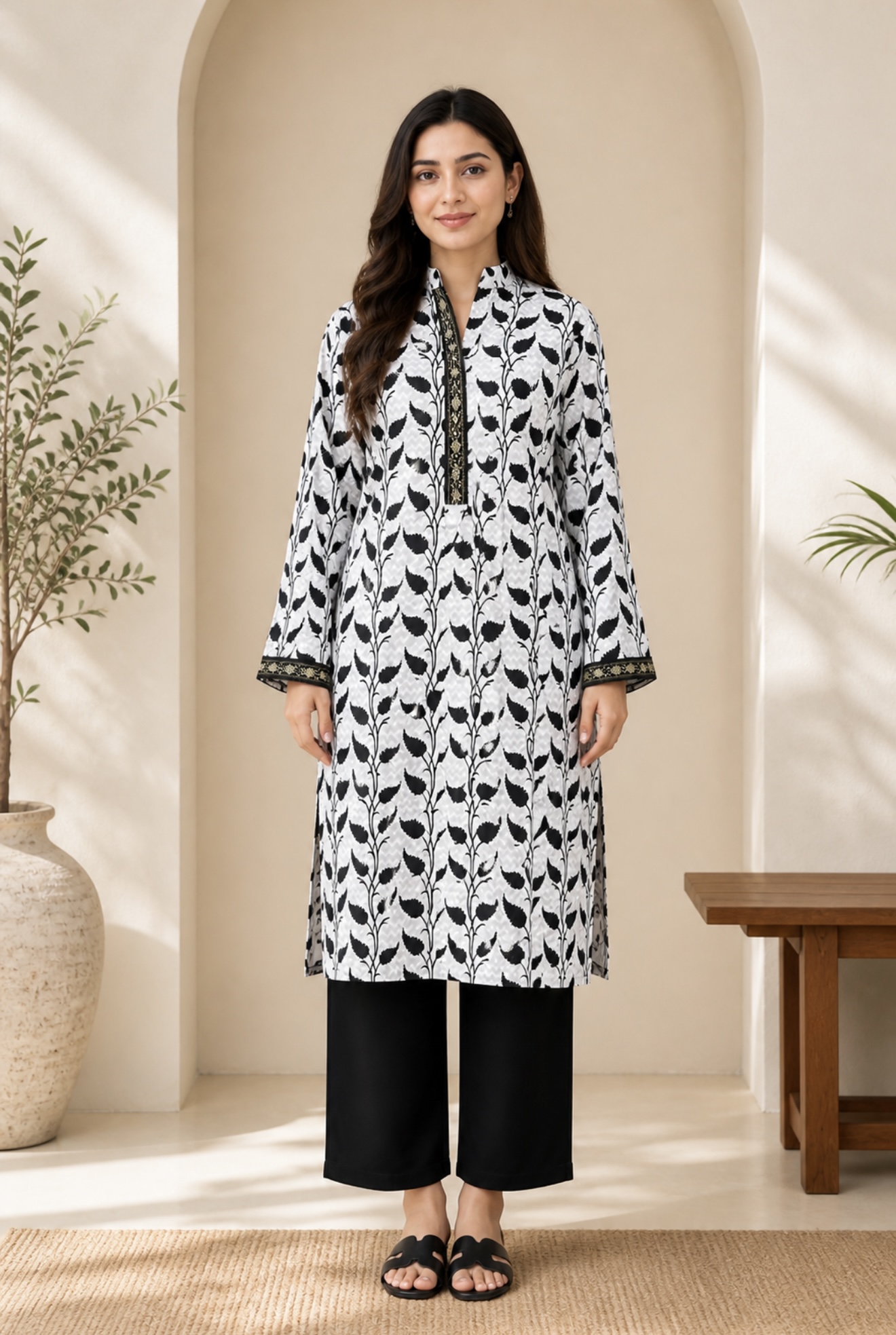 Noir Leaf Elegance Kurti Leaf Print - Image 4