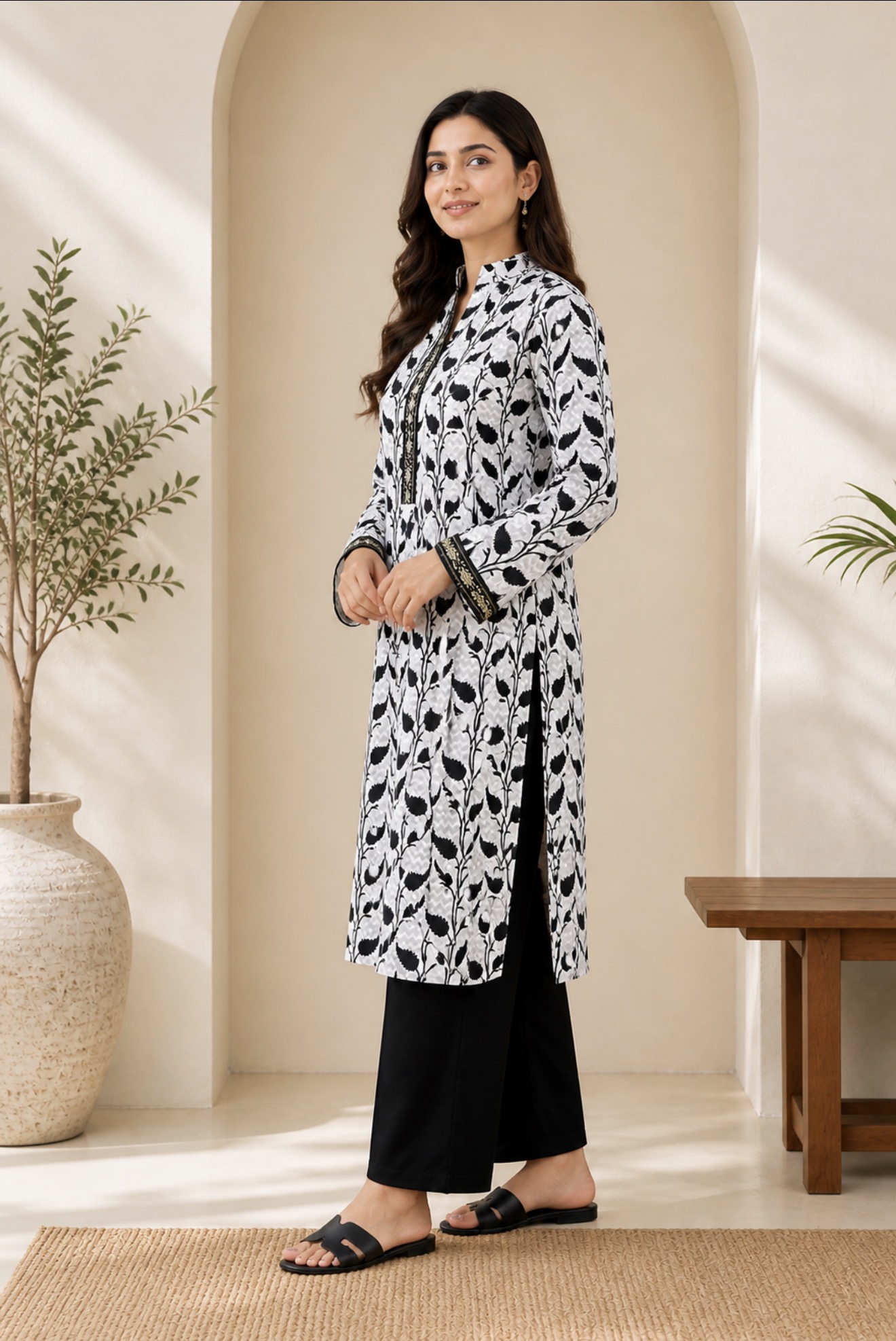 Noir Leaf Elegance Kurti Leaf Print
