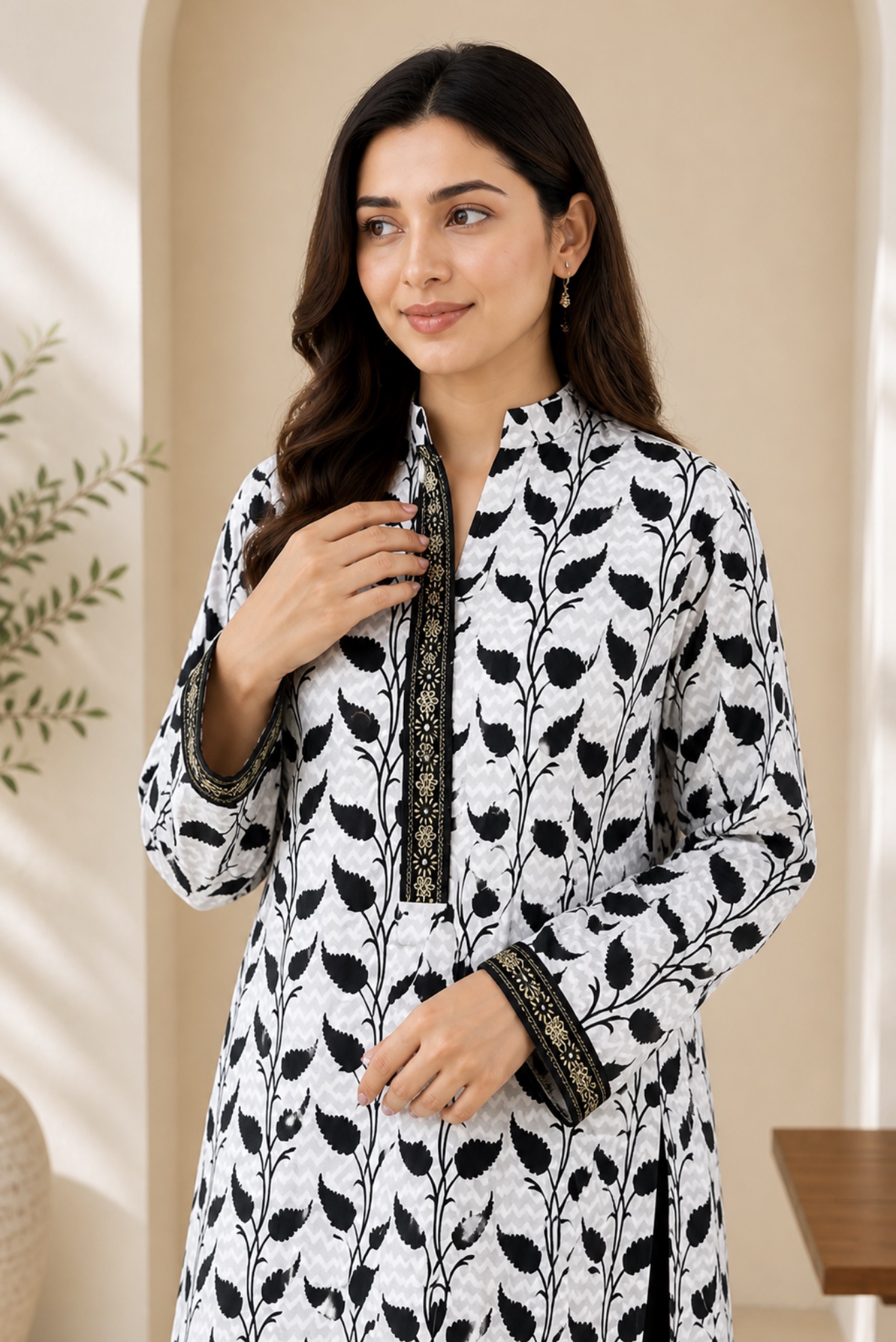 Noir Leaf Elegance Kurti Leaf Print - Image 3