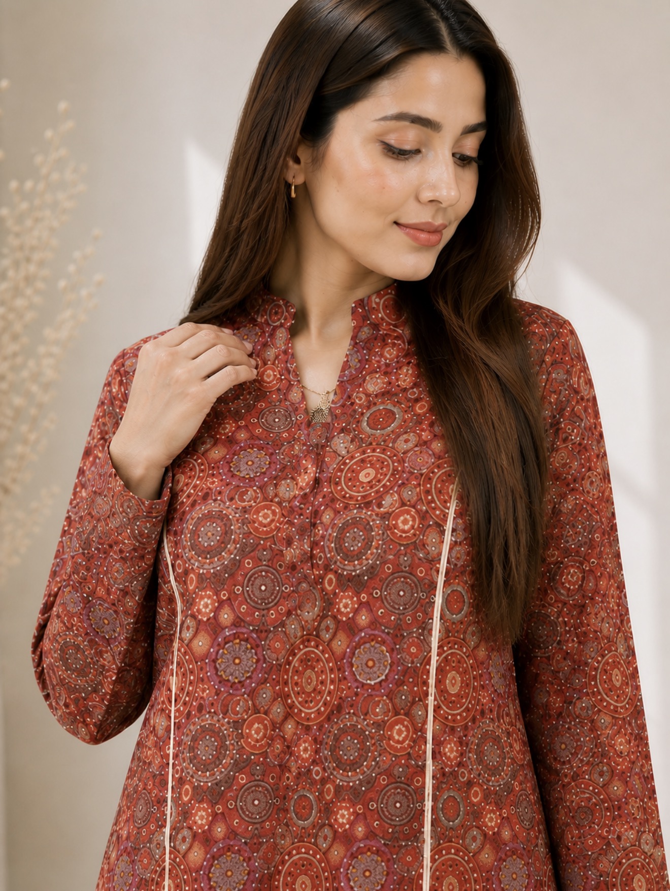 Ruby Mosaic Printed Kurti - Deep Red - Image 2