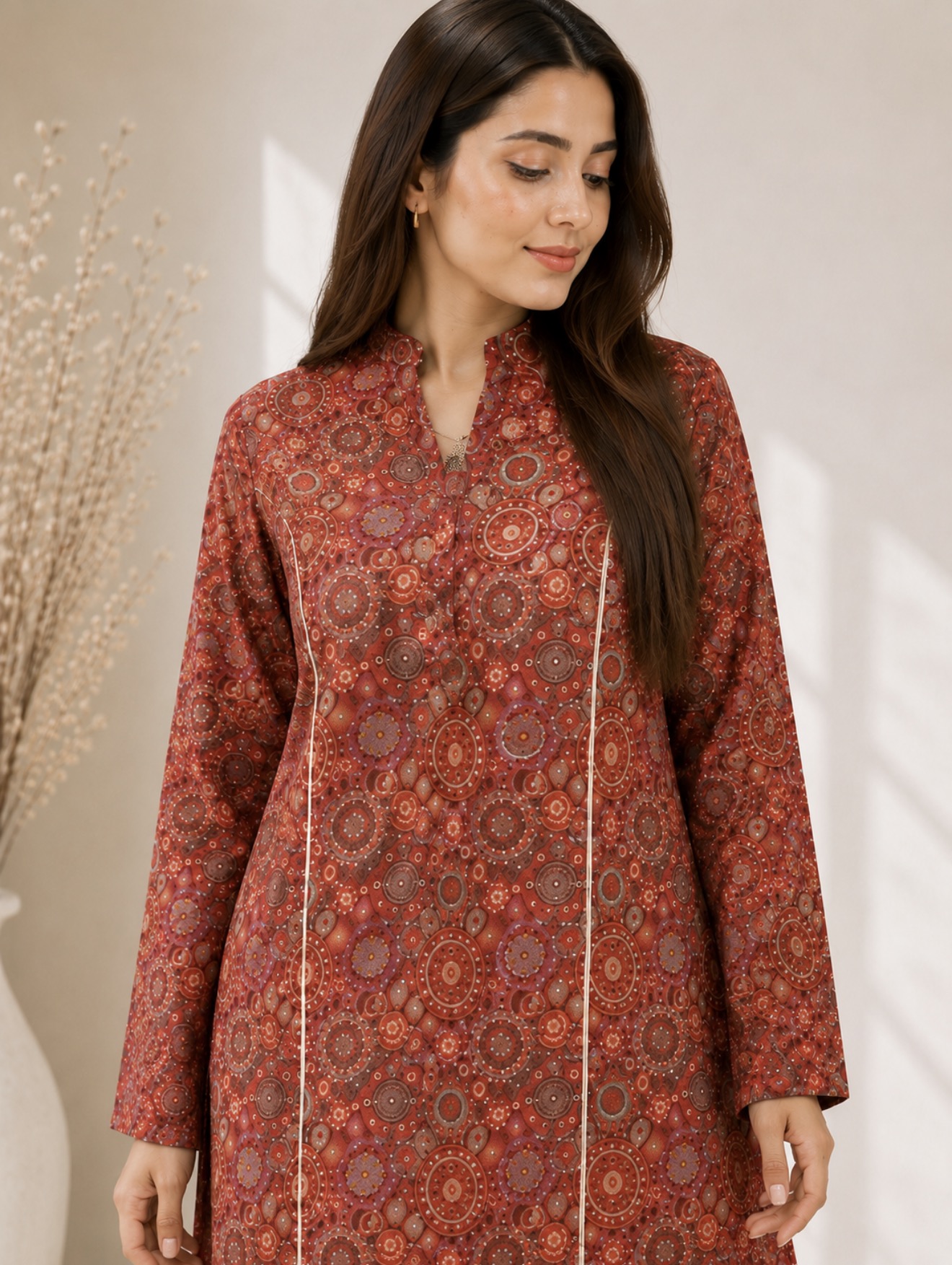 Ruby Mosaic Printed Kurti - Deep Red - Image 3