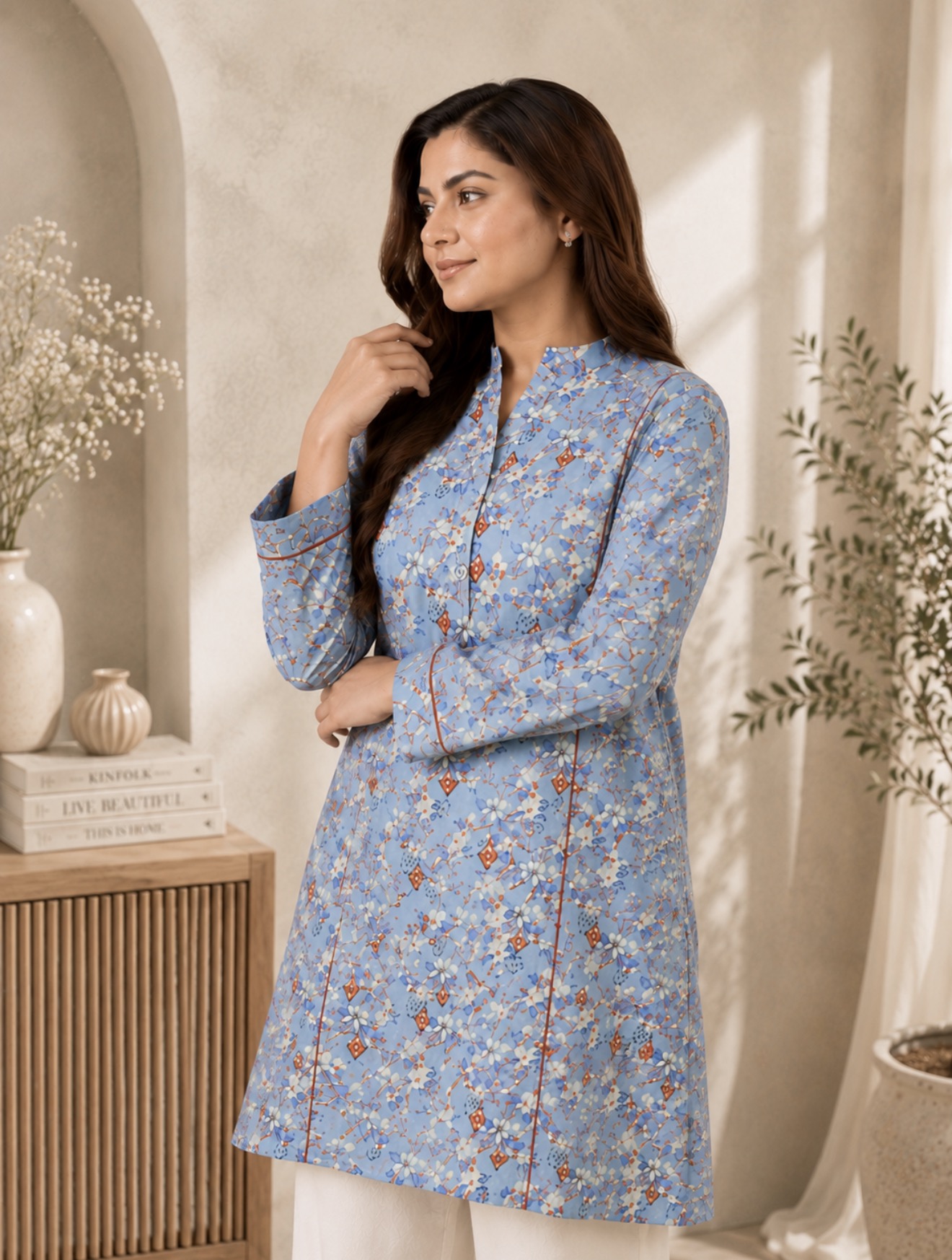 Sky Blossom Printed Kurti - Powder Blue - Image 2
