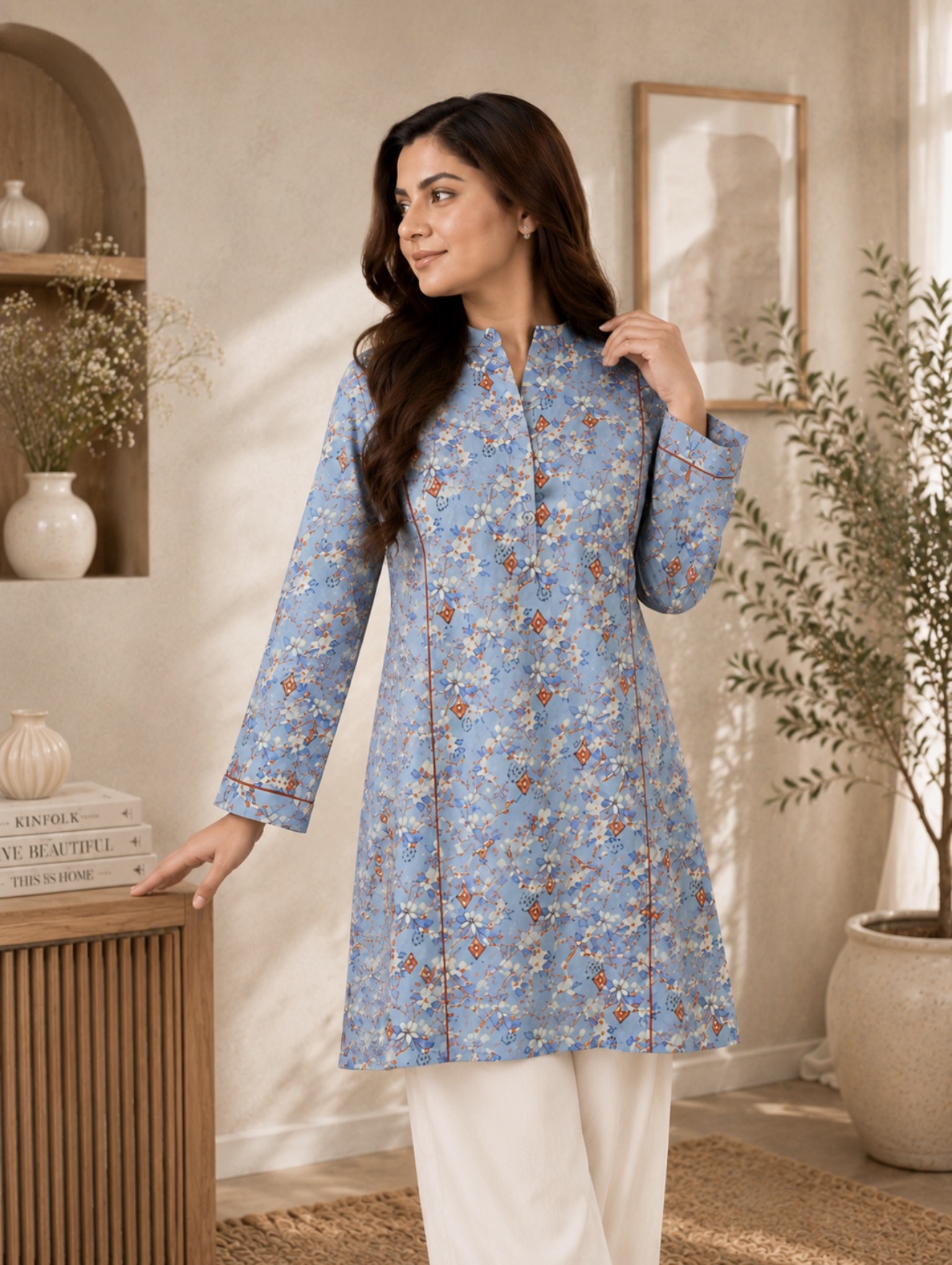 Sky Blossom Printed Kurti - Powder Blue - Image 3