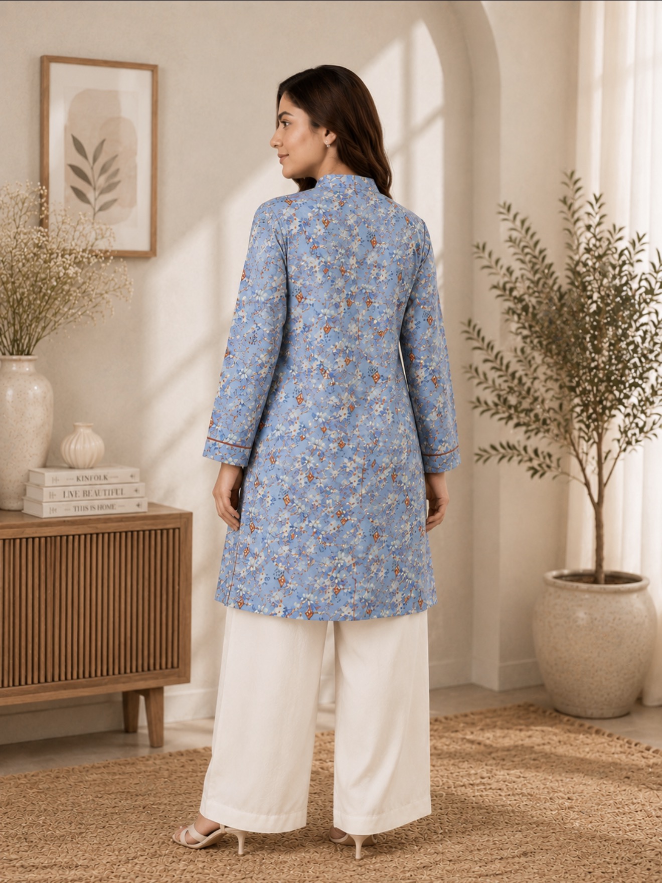 Sky Blossom Printed Kurti - Powder Blue - Image 4