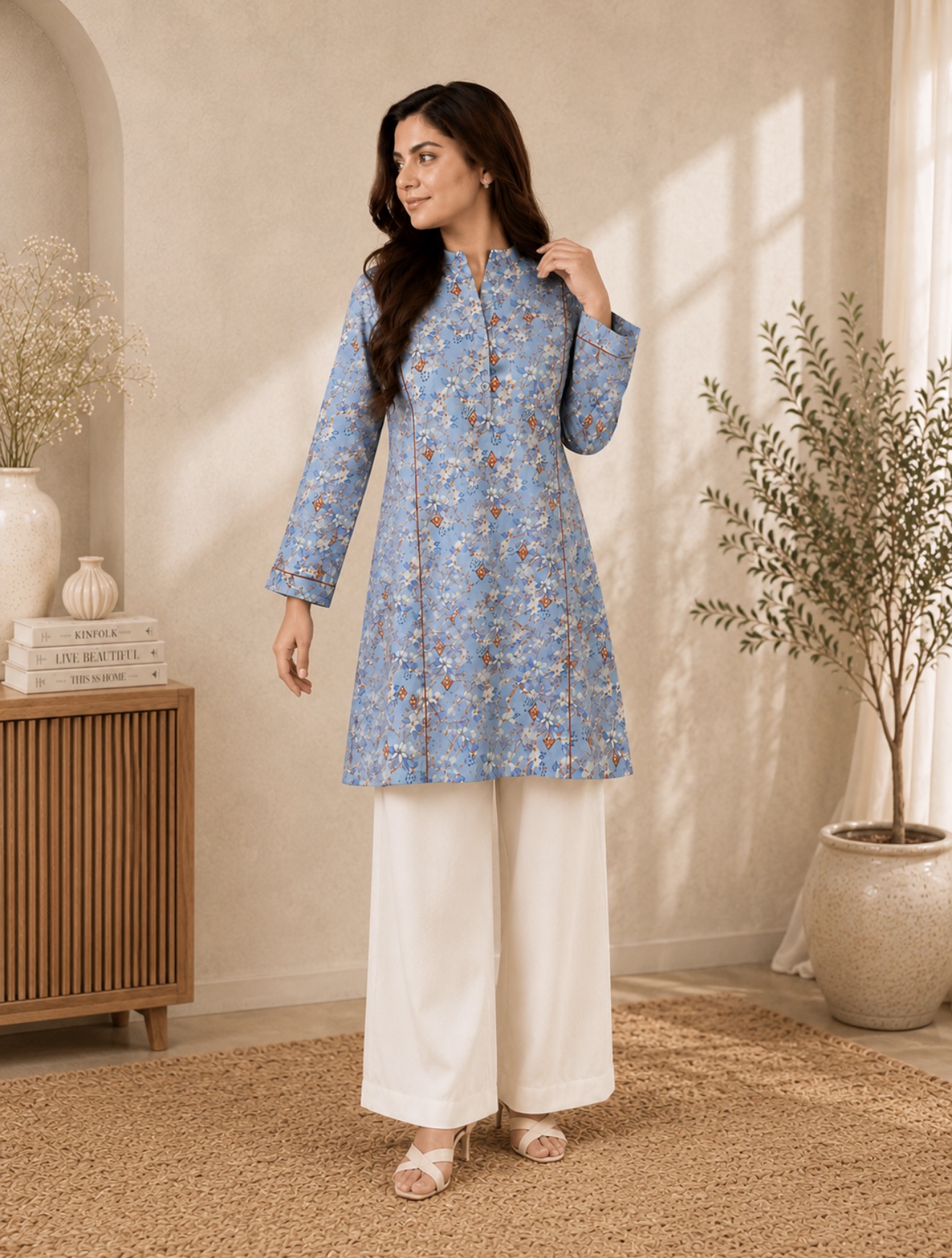 Sky Blossom Printed Kurti - Powder Blue